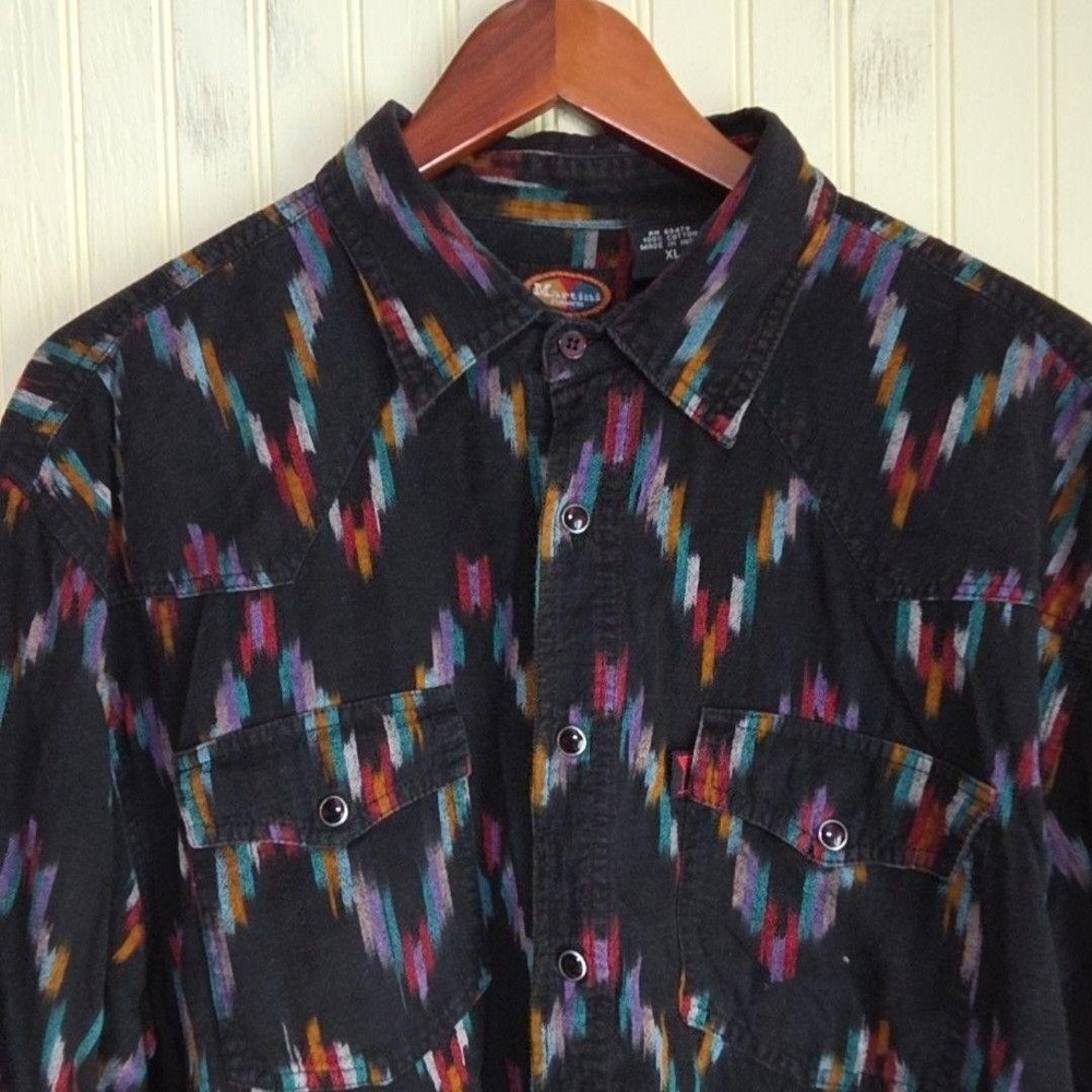 Martini Ranch Shirt Mens XL Black Geometric Long Sleeve Western Snap Pockets